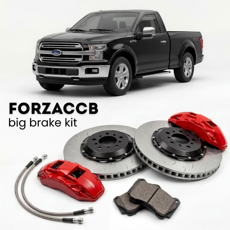 Black Ford F-Series F-100/F-150 Ford F-Series F-150 XIII Regular Cab (2015-2017) shown above a ForzaCCB iron rotor big brake kit with 2x red 6-piston front calipers, 2x two-piece floating ventilated brake discs 380 mm, set of brake pads, and brake lines.