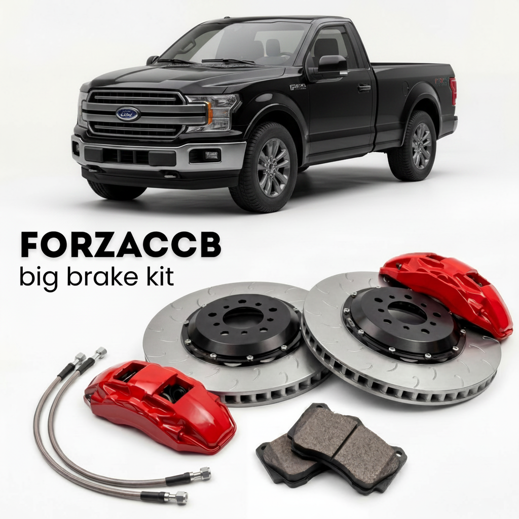 Black Ford F-Series F-100/F-150 facelift 2018) (2018-2020 (Ford F-Series F-150 XIII Regular Cab) shown above a ForzaCCB iron rotor big brake kit with 2x red 6-piston front calipers, 2x two-piece floating ventilated brake discs 380 mm, set of brake pads, and brake lines.