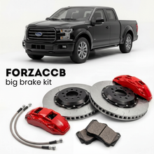 Black Ford F-Series F-100/F-150 Ford F-Series F-150 XIII SuperCab (2015-2017) shown above a ForzaCCB iron rotor big brake kit with 2x red 6-piston front calipers, 2x two-piece floating ventilated brake discs 380 mm, set of brake pads, and brake lines.