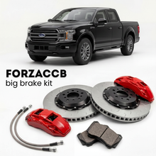Black Ford F-Series F-100/F-150 facelift 2018) (2018-2020 (Ford F-Series F-150 XIII SuperCab) shown above a ForzaCCB iron rotor big brake kit with 2x red 6-piston front calipers, 2x two-piece floating ventilated brake discs 380 mm, set of brake pads, and brake lines.