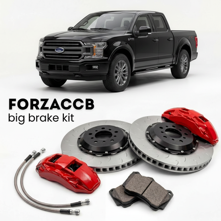 Black Ford F-Series F-100/F-150 facelift 2018) (2018-2020 (Ford F-Series F-150 XIII SuperCab) shown above a ForzaCCB iron rotor big brake kit with 2x red 6-piston front calipers, 2x two-piece floating ventilated brake discs 380 mm, set of brake pads, and brake lines.
