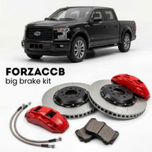 Black Ford F-Series F-100/F-150 Ford F-Series F-150 XIII SuperCrew (2015-2017) shown above a ForzaCCB iron rotor big brake kit with 2x red 6-piston front calipers, 2x two-piece floating ventilated brake discs 380 mm, set of brake pads, and brake lines.