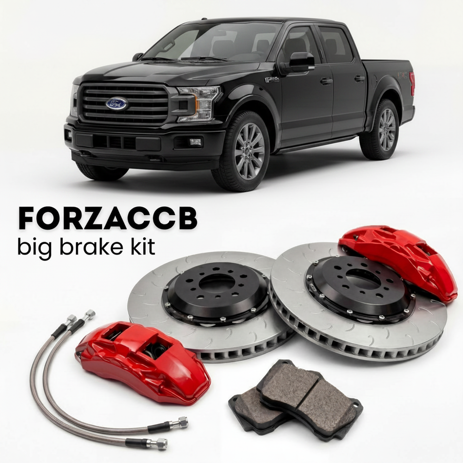 Black Ford F-Series F-100/F-150 facelift 2018) (2018-2020 (Ford F-Series F-150 XIII SuperCrew) shown above a ForzaCCB iron rotor big brake kit with 2x red 6-piston front calipers, 2x two-piece floating ventilated brake discs 380 mm, set of brake pads, and brake lines.