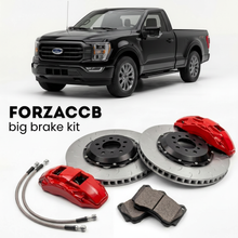 Black Ford F-Series F-100/F-150 Ford F-Series F-150 XIV Regular Cab (2020-2023) shown above a ForzaCCB iron rotor big brake kit with 2x red 6-piston front calipers, 2x two-piece floating ventilated brake discs 380 mm, set of brake pads, and brake lines.
