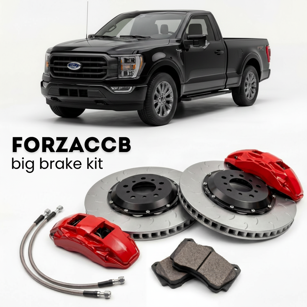 Black Ford F-Series F-100/F-150 Ford F-Series F-150 XIV Regular Cab (2020-2023) shown above a ForzaCCB iron rotor big brake kit with 2x red 6-piston front calipers, 2x two-piece floating ventilated brake discs 380 mm, set of brake pads, and brake lines.