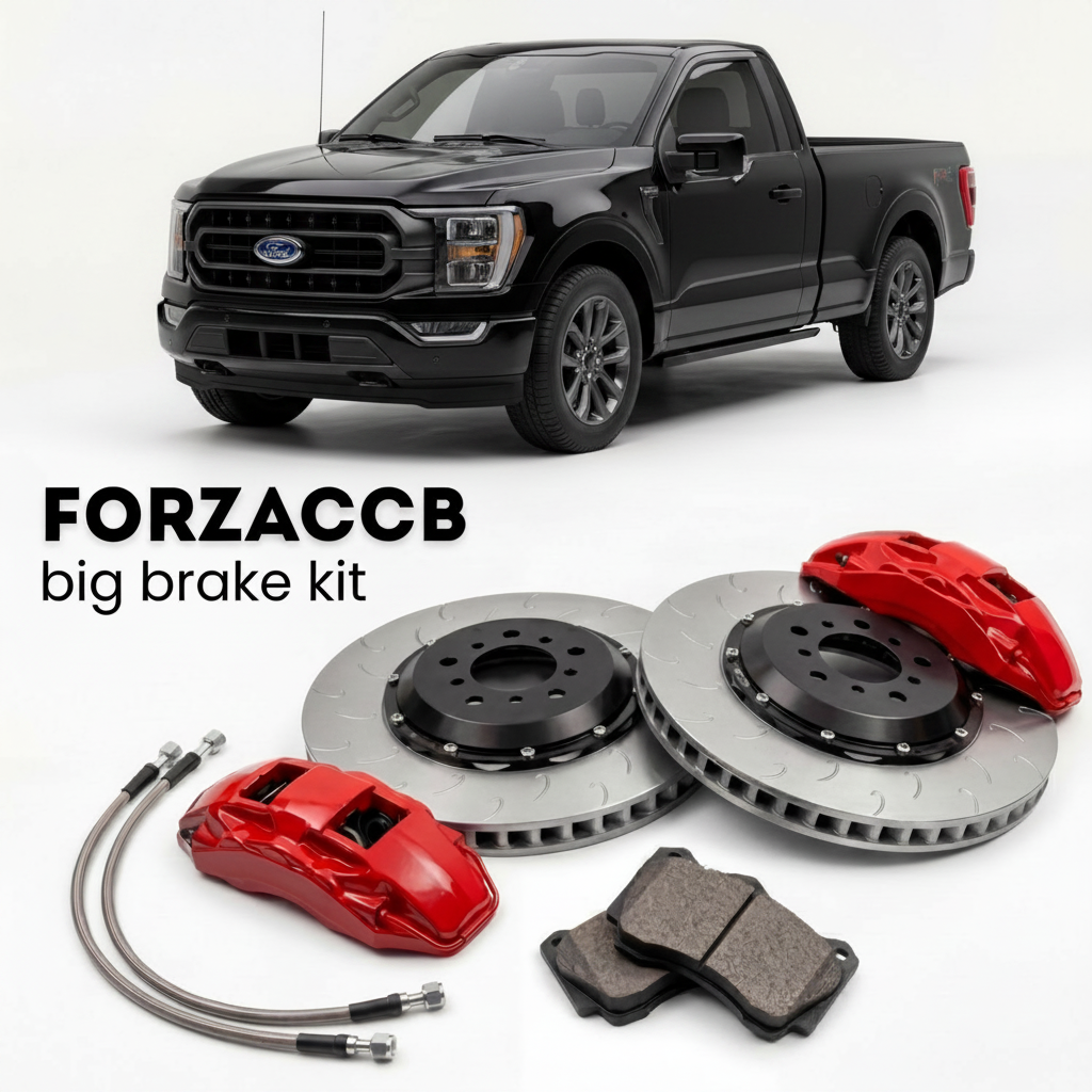 Black Ford F-Series F-100/F-150 facelift 2023) (2023+ (Ford F-Series F-150 XIV Regular Cab) shown above a ForzaCCB iron rotor big brake kit with 2x red 6-piston front calipers, 2x two-piece floating ventilated brake discs 380 mm, set of brake pads, and brake lines.