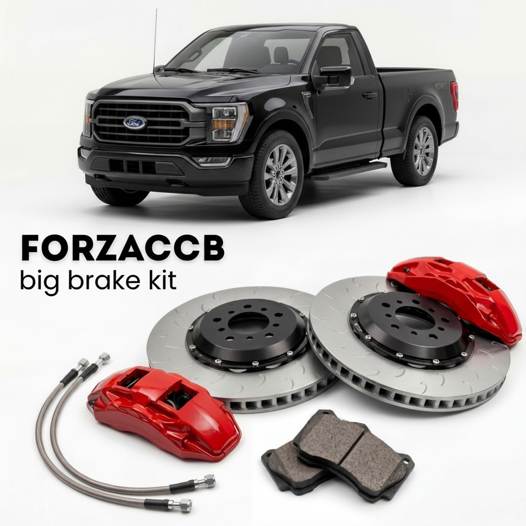 Black Ford F-Series F-100/F-150 facelift 2023) (2023+ (Ford F-Series F-150 XIV Regular Cab Long) shown above a ForzaCCB iron rotor big brake kit with 2x red 6-piston front calipers, 2x two-piece floating ventilated brake discs 380 mm, set of brake pads, and brake lines.