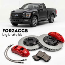 Black Ford F-Series F-100/F-150 facelift 2023) (2023+ (Ford F-Series F-150 XIV Regular Cab Long) shown above a ForzaCCB iron rotor big brake kit with 2x red 6-piston front calipers, 2x two-piece floating ventilated brake discs 380 mm, set of brake pads, and brake lines.