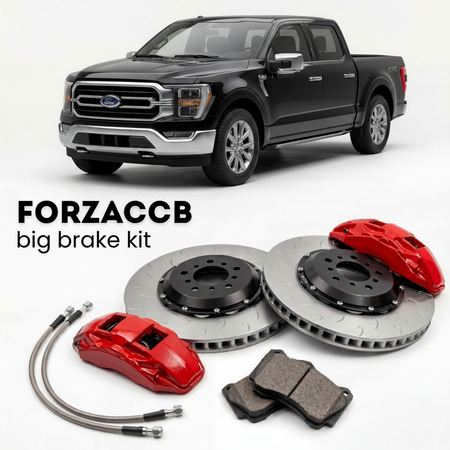 Black Ford F-Series F-100/F-150 facelift 2023) (2023+ (Ford F-Series F-150 XIV SuperCab) shown above a ForzaCCB iron rotor big brake kit with 2x red 6-piston front calipers, 2x two-piece floating ventilated brake discs 380 mm, set of brake pads, and brake lines.