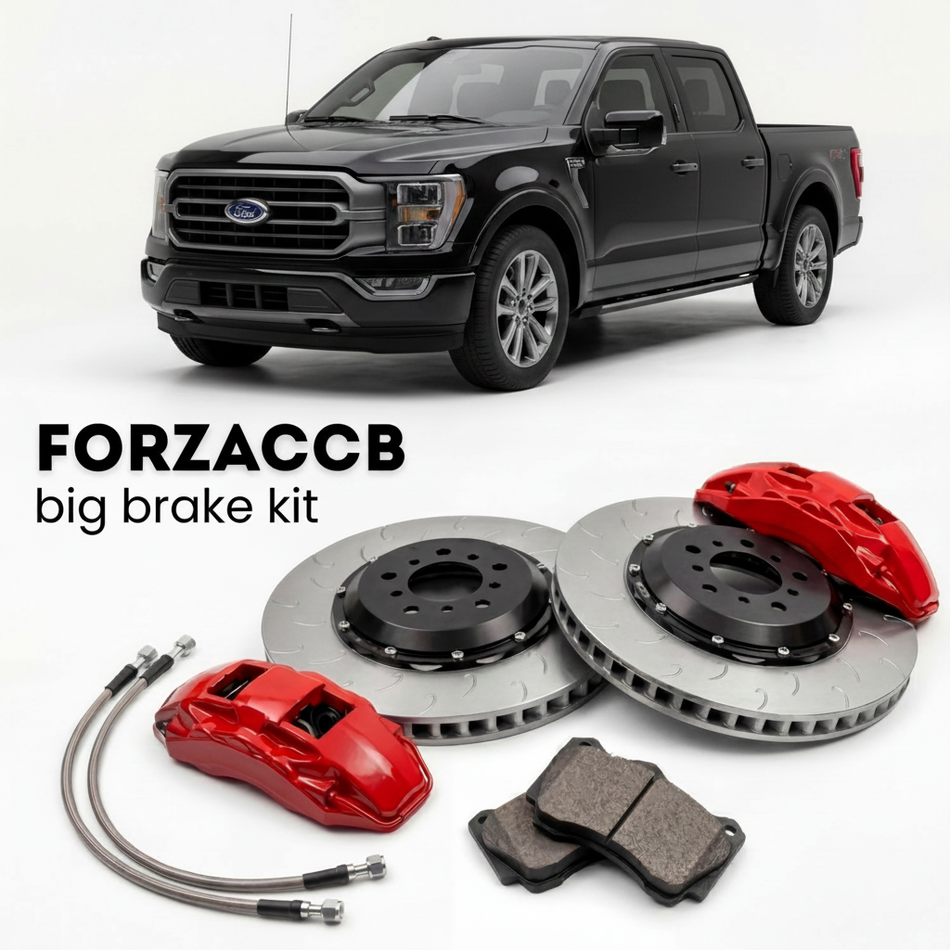 Black Ford F-Series F-100/F-150 Ford F-Series F-150 XIV SuperCrew (2020-2023) shown above a ForzaCCB iron rotor big brake kit with 2x red 6-piston front calipers, 2x two-piece floating ventilated brake discs 380 mm, set of brake pads, and brake lines.