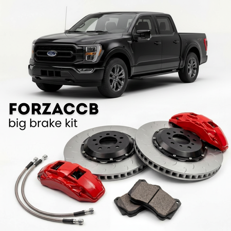 Black Ford F-Series F-100/F-150 facelift 2023) (2023+ (Ford F-Series F-150 XIV SuperCrew) shown above a ForzaCCB iron rotor big brake kit with 2x red 6-piston front calipers, 2x two-piece floating ventilated brake discs 380 mm, set of brake pads, and brake lines.