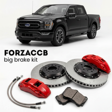 Black Ford F-Series F-100/F-150 facelift 2023) (2023+ (Ford F-Series F-150 XIV SuperCrew Long) shown above a ForzaCCB iron rotor big brake kit with 2x red 6-piston front calipers, 2x two-piece floating ventilated brake discs 380 mm, set of brake pads, and brake lines.