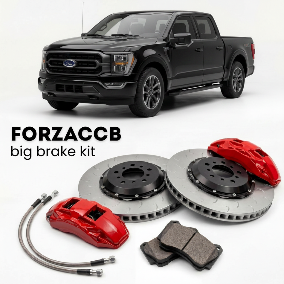 Black Ford F-Series F-100/F-150 facelift 2023) (2023+ (Ford F-Series F-150 XIV SuperCrew Long) shown above a ForzaCCB iron rotor big brake kit with 2x red 6-piston front calipers, 2x two-piece floating ventilated brake discs 380 mm, set of brake pads, and brake lines.