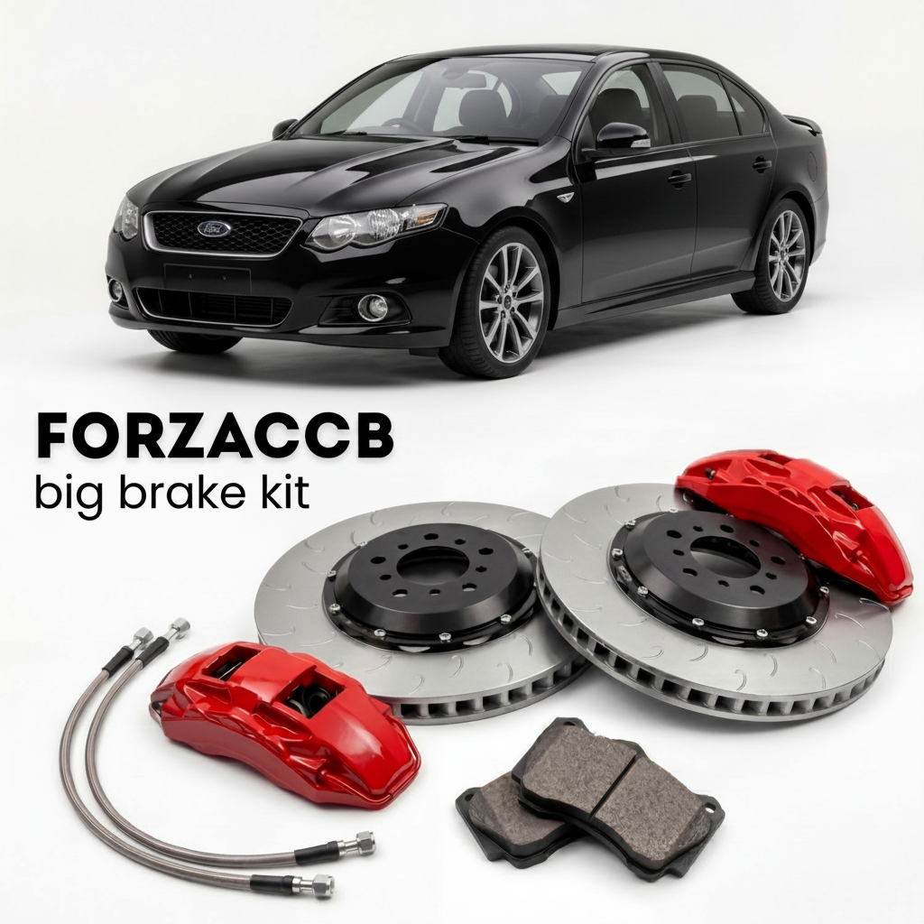 Black Ford Falcon FG, facelift 2011 (2011-2014) shown above a ForzaCCB iron rotor big brake kit with 2x red 6-piston front calipers, 2x two-piece floating ventilated brake discs 380 mm, set of brake pads, and brake lines.