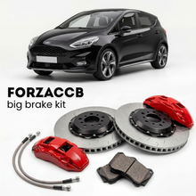 Black Ford Fiesta Mk8) (2018-2021 (Active VIII) shown above a ForzaCCB iron rotor big brake kit with 2x red 6-piston front calipers, 2x two-piece floating ventilated brake discs 380 mm, set of brake pads, and brake lines.