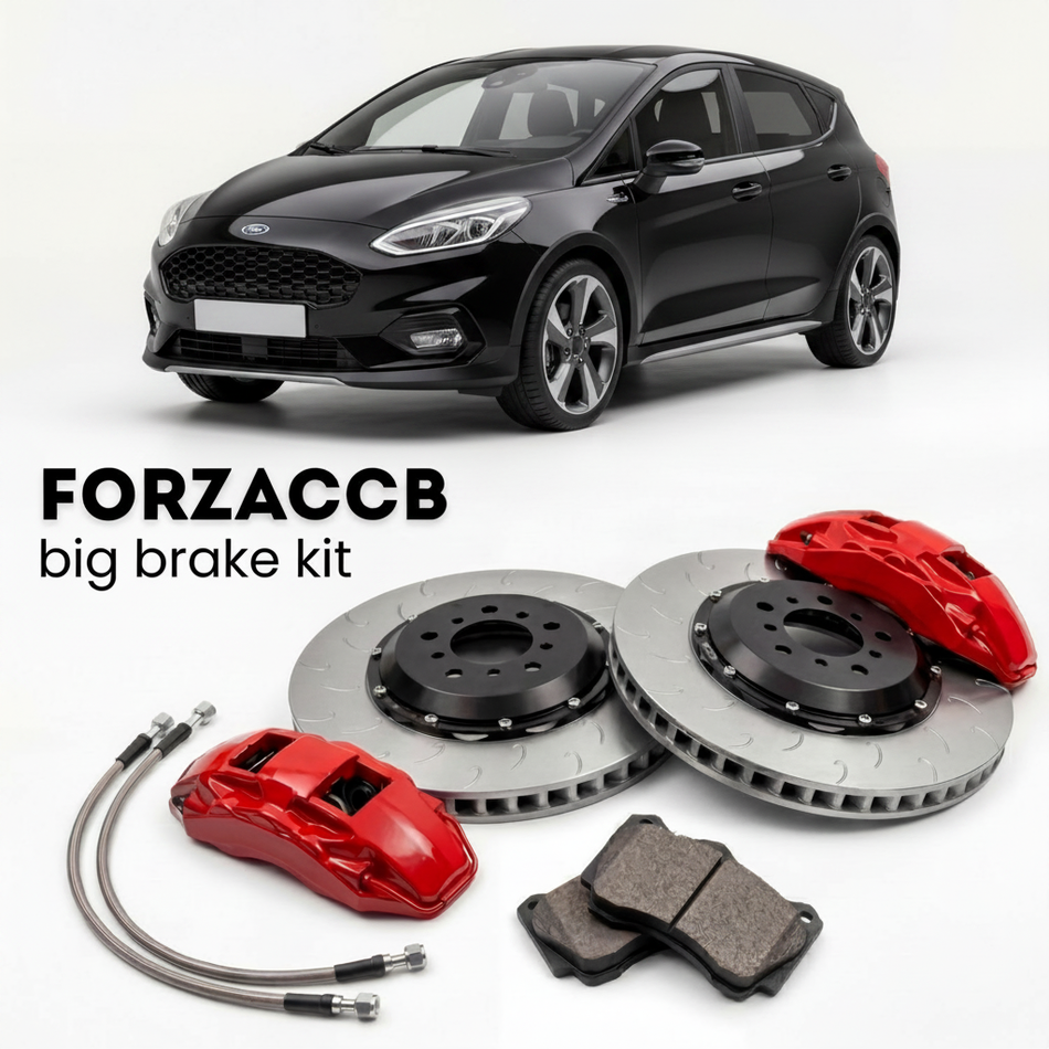 Black Ford Fiesta Mk8) (2018-2021 (Active VIII) shown above a ForzaCCB iron rotor big brake kit with 2x red 6-piston front calipers, 2x two-piece floating ventilated brake discs 380 mm, set of brake pads, and brake lines.