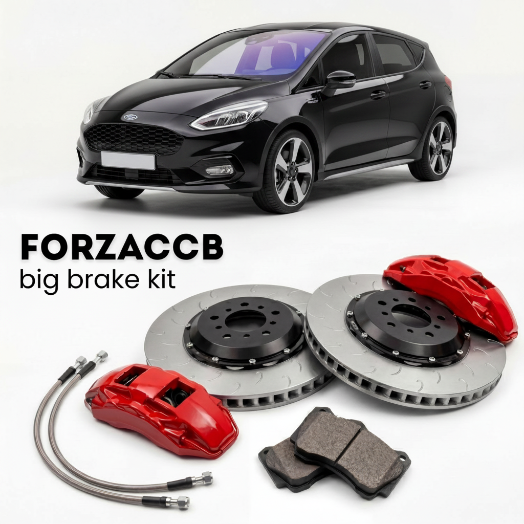 Black Ford Fiesta Mk8, facelift 2022) (2022-2023 (Active VIII) shown above a ForzaCCB iron rotor big brake kit with 2x red 6-piston front calipers, 2x two-piece floating ventilated brake discs 380 mm, set of brake pads, and brake lines.