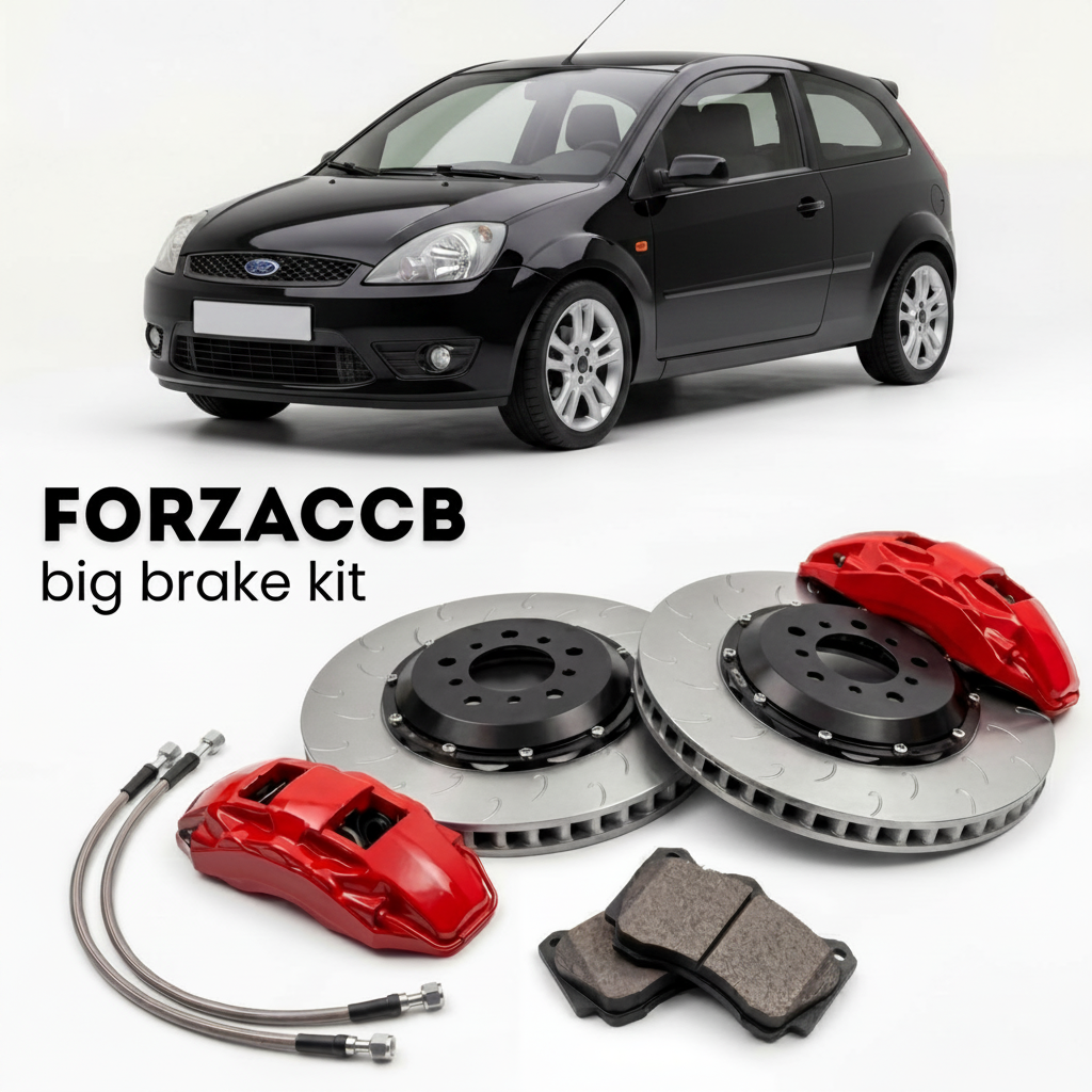 Black Ford Fiesta Mk6) 3 door (2005-2005 (VI) shown above a ForzaCCB iron rotor big brake kit with 2x red 6-piston front calipers, 2x two-piece floating ventilated brake discs 380 mm, set of brake pads, and brake lines.