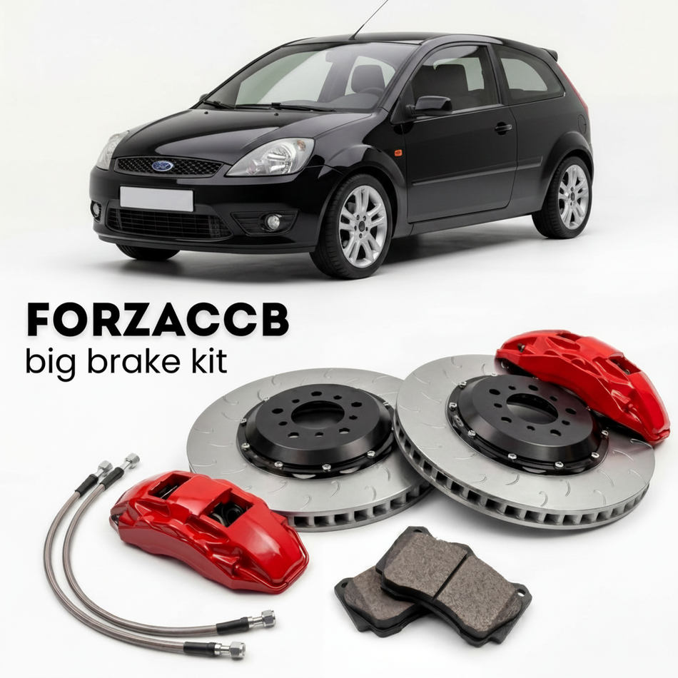 Black Ford Fiesta Mk6) 3 door (2005-2005 (VI) shown above a ForzaCCB iron rotor big brake kit with 2x red 6-piston front calipers, 2x two-piece floating ventilated brake discs 380 mm, set of brake pads, and brake lines.