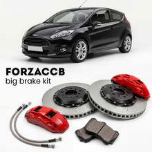 Black Ford Fiesta Mk6, facelift 2005) 3 door (2005-2008 (VI) shown above a ForzaCCB iron rotor big brake kit with 2x red 6-piston front calipers, 2x two-piece floating ventilated brake discs 380 mm, set of brake pads, and brake lines.