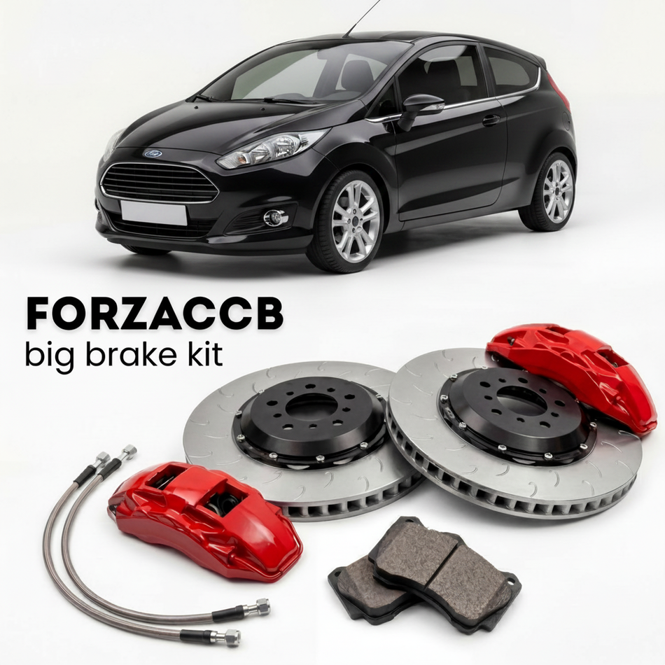 Black Ford Fiesta Mk6, facelift 2005) 3 door (2005-2008 (VI) shown above a ForzaCCB iron rotor big brake kit with 2x red 6-piston front calipers, 2x two-piece floating ventilated brake discs 380 mm, set of brake pads, and brake lines.