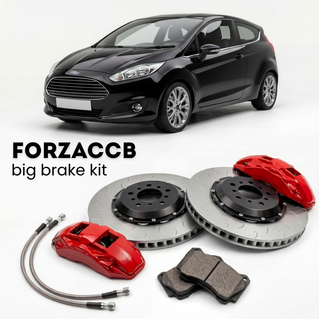 Black Ford Fiesta Mk7) 3 door (2008-2012 (VII) shown above a ForzaCCB iron rotor big brake kit with 2x red 6-piston front calipers, 2x two-piece floating ventilated brake discs 380 mm, set of brake pads, and brake lines.
