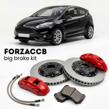 Black Ford Fiesta Mk7, facelift 2012) 3 door (2012-2017 (VII) shown above a ForzaCCB iron rotor big brake kit with 2x red 6-piston front calipers, 2x two-piece floating ventilated brake discs 380 mm, set of brake pads, and brake lines.