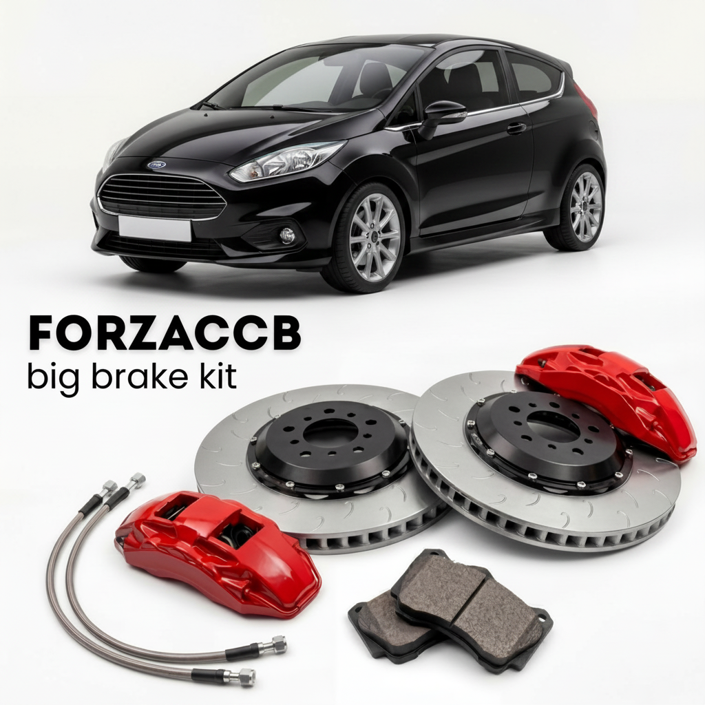 Black Ford Fiesta Mk7, facelift 2012) 3 door (2012-2017 (VII) shown above a ForzaCCB iron rotor big brake kit with 2x red 6-piston front calipers, 2x two-piece floating ventilated brake discs 380 mm, set of brake pads, and brake lines.