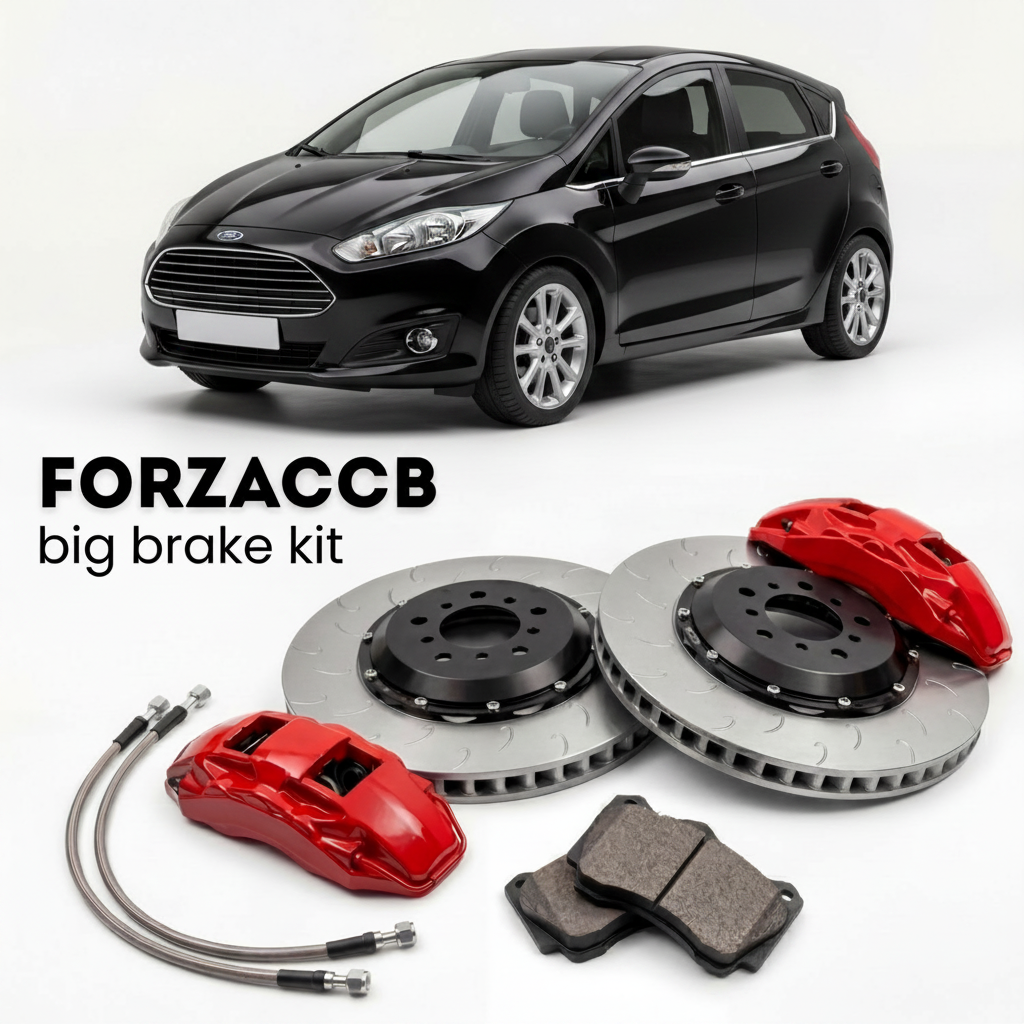 Black Ford Fiesta Mk7, facelift 2012) 5 door (2012-2019 (VII) shown above a ForzaCCB iron rotor big brake kit with 2x red 6-piston front calipers, 2x two-piece floating ventilated brake discs 380 mm, set of brake pads, and brake lines.