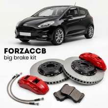 Black Ford Fiesta Mk8) 3 door (2017-2021 (VIII) shown above a ForzaCCB iron rotor big brake kit with 2x red 6-piston front calipers, 2x two-piece floating ventilated brake discs 380 mm, set of brake pads, and brake lines.
