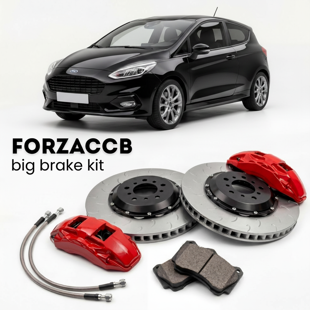 Black Ford Fiesta Mk8) 3 door (2017-2021 (VIII) shown above a ForzaCCB iron rotor big brake kit with 2x red 6-piston front calipers, 2x two-piece floating ventilated brake discs 380 mm, set of brake pads, and brake lines.