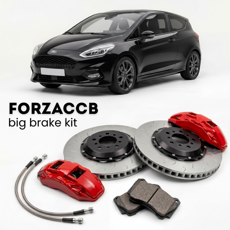 Black Ford Fiesta Mk8, facelift 2022) 3 door (2021-2022 (VIII) shown above a ForzaCCB iron rotor big brake kit with 2x red 6-piston front calipers, 2x two-piece floating ventilated brake discs 380 mm, set of brake pads, and brake lines.