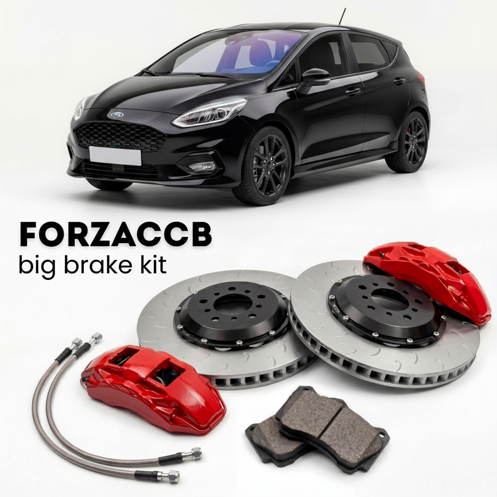 Black Ford Fiesta Mk8, facelift 2022) 5 door (2021-2023 (VIII) shown above a ForzaCCB iron rotor big brake kit with 2x red 6-piston front calipers, 2x two-piece floating ventilated brake discs 380 mm, set of brake pads, and brake lines.