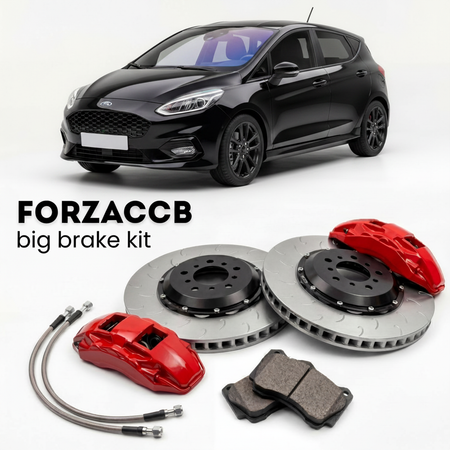 Black Ford Fiesta Mk8, facelift 2022) 5 door (2021-2023 (VIII) shown above a ForzaCCB iron rotor big brake kit with 2x red 6-piston front calipers, 2x two-piece floating ventilated brake discs 380 mm, set of brake pads, and brake lines.