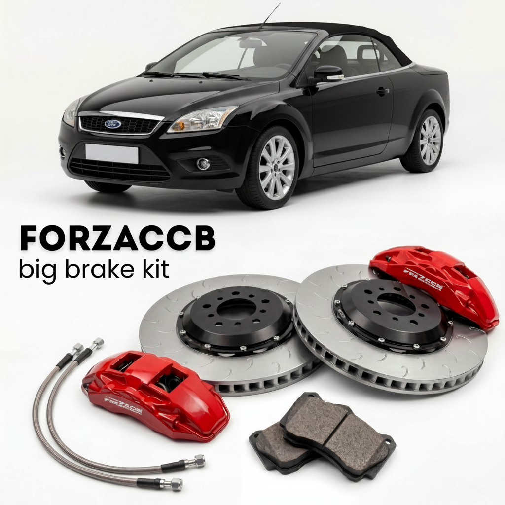 Black Ford Focus Cabriolet II (2006-2010) shown above a ForzaCCB iron rotor big brake kit with 2x red 6-piston front calipers, 2x two-piece floating ventilated brake discs 380 mm, set of brake pads, and brake lines.