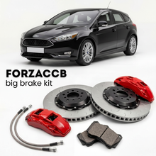 Black Ford Focus III Hatchback (2010-2014) shown above a ForzaCCB iron rotor big brake kit with 2x red 6-piston front calipers, 2x two-piece floating ventilated brake discs 380 mm, set of brake pads, and brake lines.