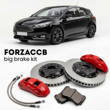 Black Ford Focus facelift 2014) (2013-2018 (III Hatchback) shown above a ForzaCCB iron rotor big brake kit with 2x red 6-piston front calipers, 2x two-piece floating ventilated brake discs 380 mm, set of brake pads, and brake lines.