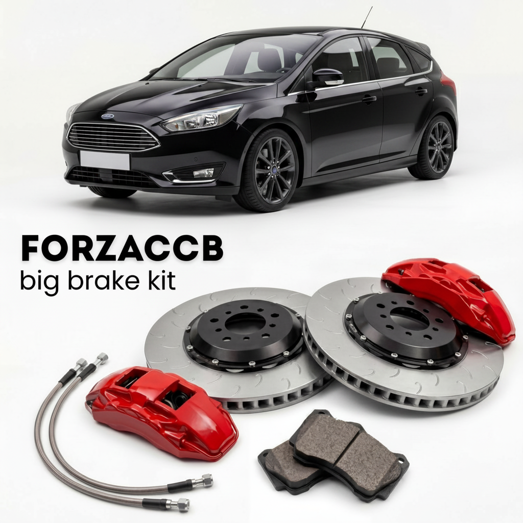 Black Ford Focus facelift 2014) (2013-2018 (III Hatchback) shown above a ForzaCCB iron rotor big brake kit with 2x red 6-piston front calipers, 2x two-piece floating ventilated brake discs 380 mm, set of brake pads, and brake lines.