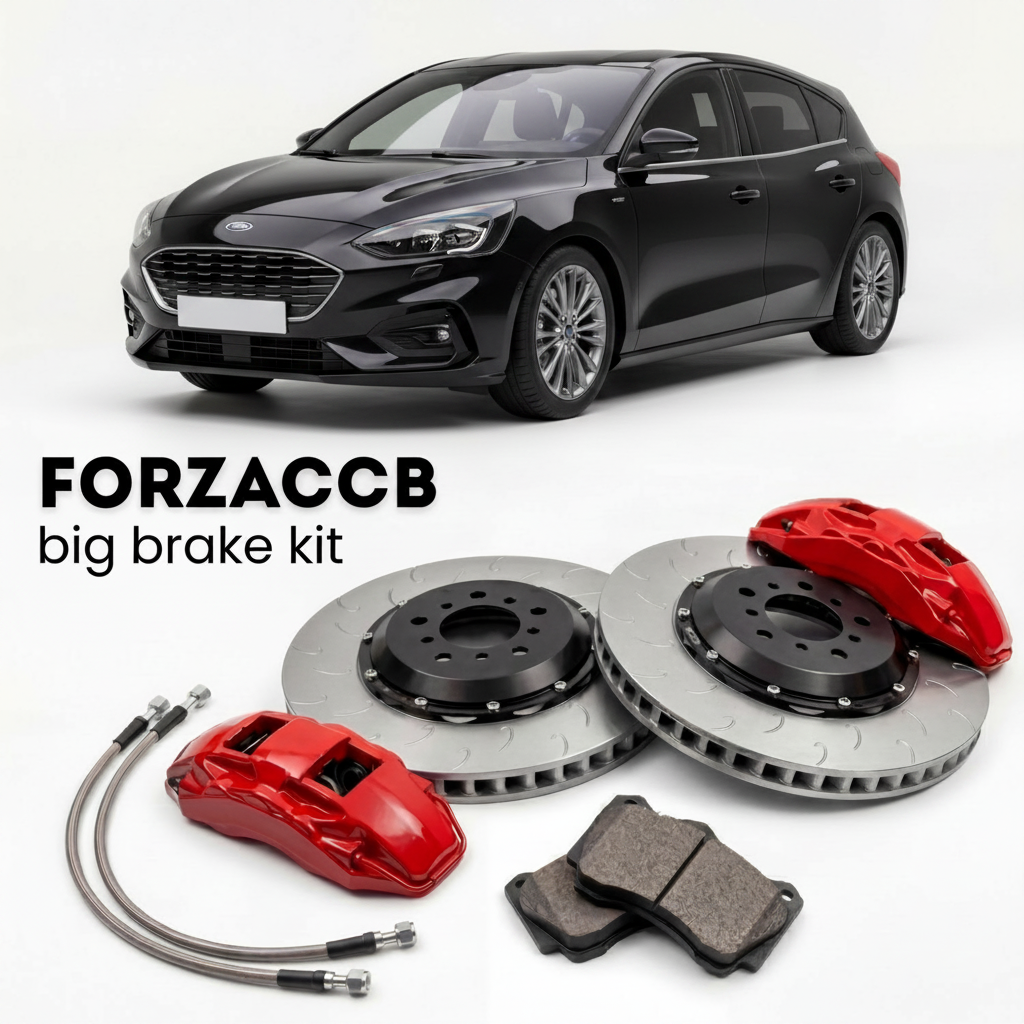 Black Ford Focus IV Hatchback (2018-2021) shown above a ForzaCCB iron rotor big brake kit with 2x red 6-piston front calipers, 2x two-piece floating ventilated brake discs 380 mm, set of brake pads, and brake lines.