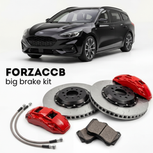 Black Ford Focus facelift 2022) (2022+ (IV Wagon) shown above a ForzaCCB iron rotor big brake kit with 2x red 6-piston front calipers, 2x two-piece floating ventilated brake discs 380 mm, set of brake pads, and brake lines.