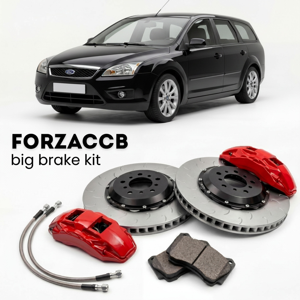Black Ford Focus Turnier I (2005-2005) shown above a ForzaCCB iron rotor big brake kit with 2x red 6-piston front calipers, 2x two-piece floating ventilated brake discs 380 mm, set of brake pads, and brake lines.