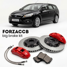 Black Ford Focus Turnier II (2005-2010) shown above a ForzaCCB iron rotor big brake kit with 2x red 6-piston front calipers, 2x two-piece floating ventilated brake discs 380 mm, set of brake pads, and brake lines.