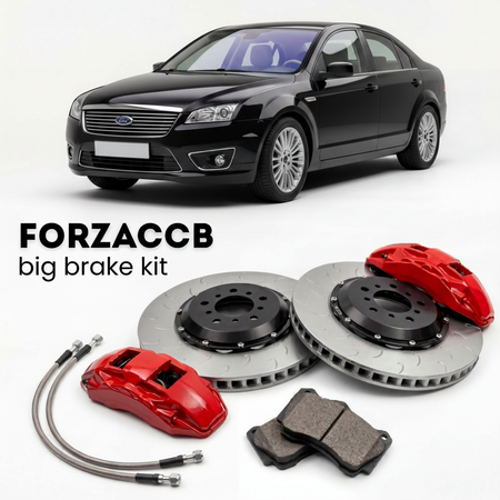 Black Ford Fusion I (2005-2005) shown above a ForzaCCB iron rotor big brake kit with 2x red 6-piston front calipers, 2x two-piece floating ventilated brake discs 380 mm, set of brake pads, and brake lines.