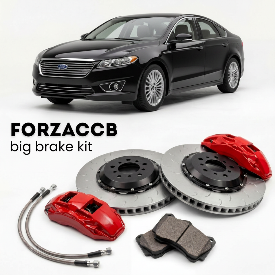 Black Ford Fusion facelift 2005) (2005-2012 (I) shown above a ForzaCCB iron rotor big brake kit with 2x red 6-piston front calipers, 2x two-piece floating ventilated brake discs 380 mm, set of brake pads, and brake lines.