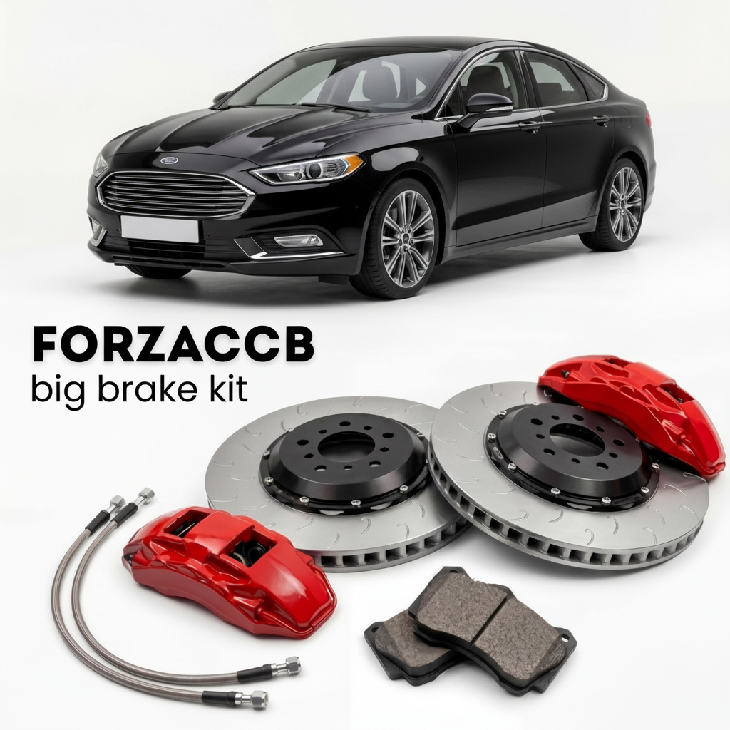 Black Ford Fusion facelift 2018) (2018+ (II) shown above a ForzaCCB iron rotor big brake kit with 2x red 6-piston front calipers, 2x two-piece floating ventilated brake discs 380 mm, set of brake pads, and brake lines.
