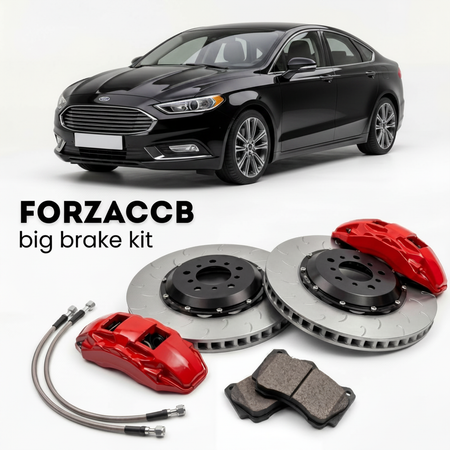 Black Ford Fusion facelift 2018) (2018+ (II) shown above a ForzaCCB iron rotor big brake kit with 2x red 6-piston front calipers, 2x two-piece floating ventilated brake discs 380 mm, set of brake pads, and brake lines.