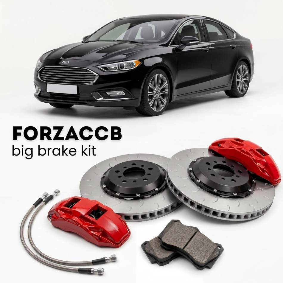 Black Ford Fusion facelift 2018) (2018+ (II) shown above a ForzaCCB iron rotor big brake kit with 2x red 6-piston front calipers, 2x two-piece floating ventilated brake discs 380 mm, set of brake pads, and brake lines.
