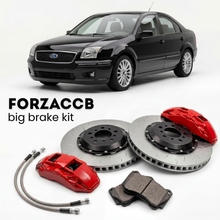 Black Ford Fusion USA (2005-2009) shown above a ForzaCCB iron rotor big brake kit with 2x red 6-piston front calipers, 2x two-piece floating ventilated brake discs 380 mm, set of brake pads, and brake lines.