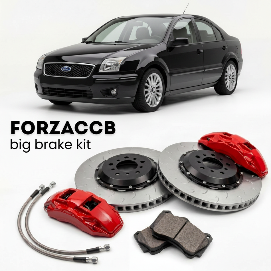 Black Ford Fusion USA (2005-2009) shown above a ForzaCCB iron rotor big brake kit with 2x red 6-piston front calipers, 2x two-piece floating ventilated brake discs 380 mm, set of brake pads, and brake lines.