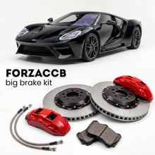 Black Ford GT (2017-2022) shown above a ForzaCCB iron rotor big brake kit with 2x red 6-piston front calipers, 2x two-piece floating ventilated brake discs 380 mm, set of brake pads, and brake lines.
